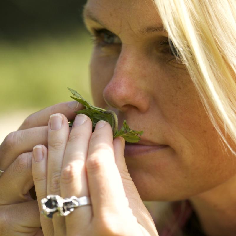 vrouw ruikt aan blad