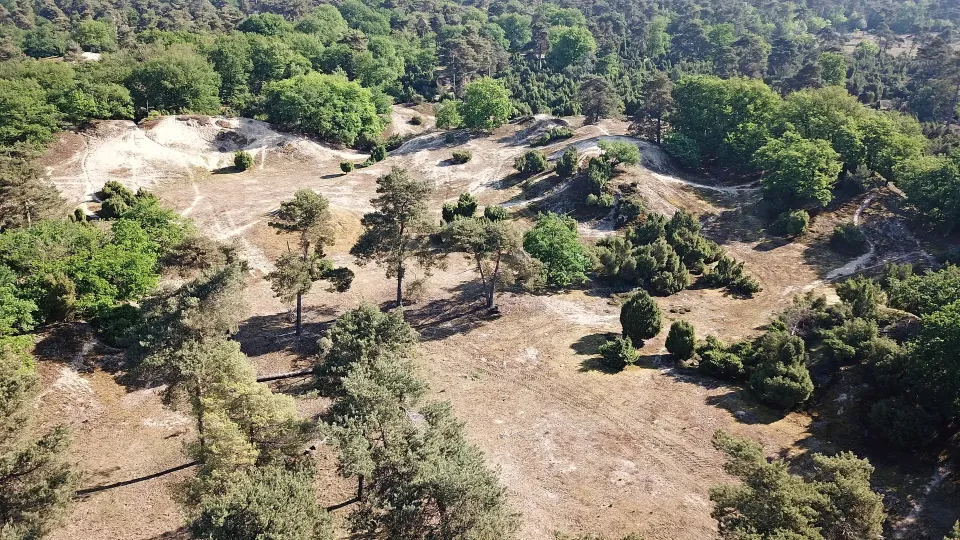 Luchtfoto van natuurgebied met zandheuvels en bomen
