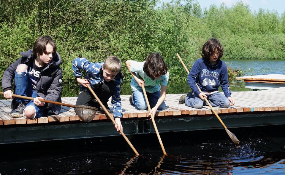 Jongens op vlonder met schepnetten in water