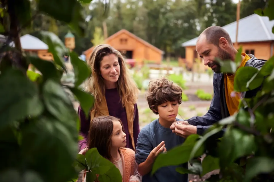 Volwassenen en kinderen bij boom met houten gebouwen